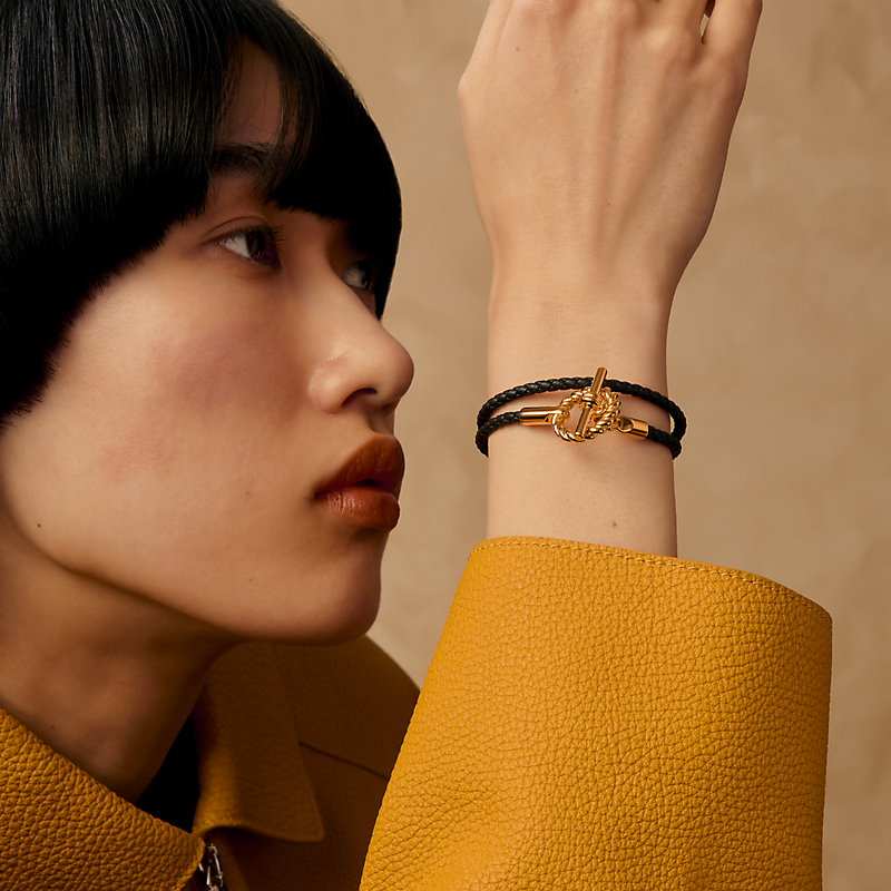 極美品✨HERMES グレナン ブレスレット ブラック×ゴールド金具 レザー レザーブレスレット 《グレナン・ゴドロンヌ》 ドゥブルトゥール